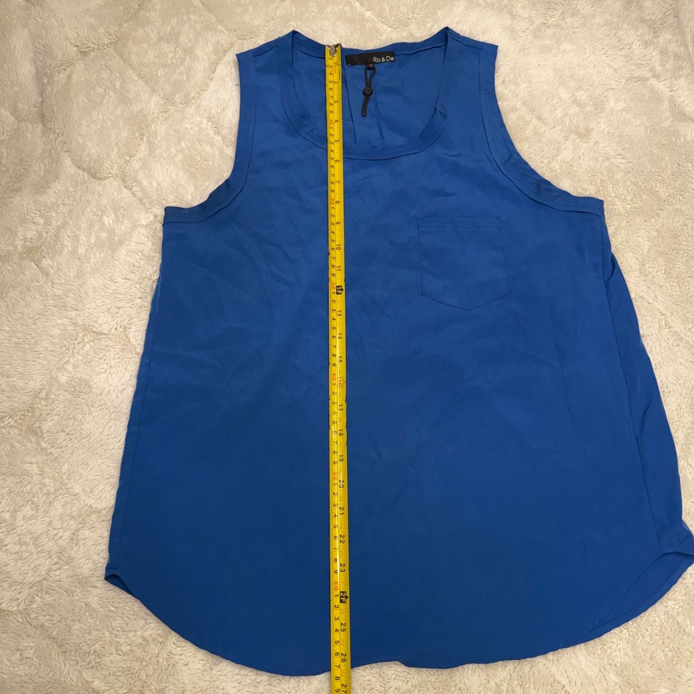 Ro & De Cobalt Blue Silky Tank Blouse M Pocket Hi-Low Minimalist career workwear - Picture 7 of 8
